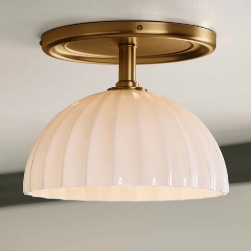 Rejuvenation Enzo Semi-Flush Ceiling Light with Ribbed Glass Shade aged Brass